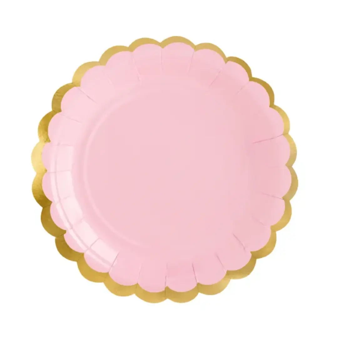 6 Assiettes en Carton Rose Pâle avec Bordures Dorées Métallisées – Ø 18 cm