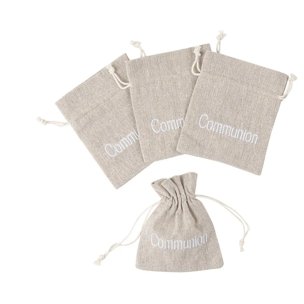 4 Contenants Dragées Communion Effet Lin et Broderie Blanc 9,5×11,5cm