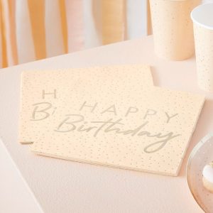 Serviettes « Happy Birthday » pêche et pois dorés